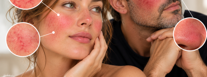 Man en vrouw met roodheid en rosacea in het gezicht – behandeling bij Huidpraktijk Noordwijk