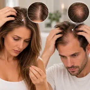 Man en vrouw met haaruitval en dunner wordend haar – behandeling bij Huidpraktijk Noordwijk